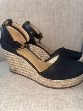 Michael Kors Black Canvas Espadrille Wedge Sandals with Gold Buckle